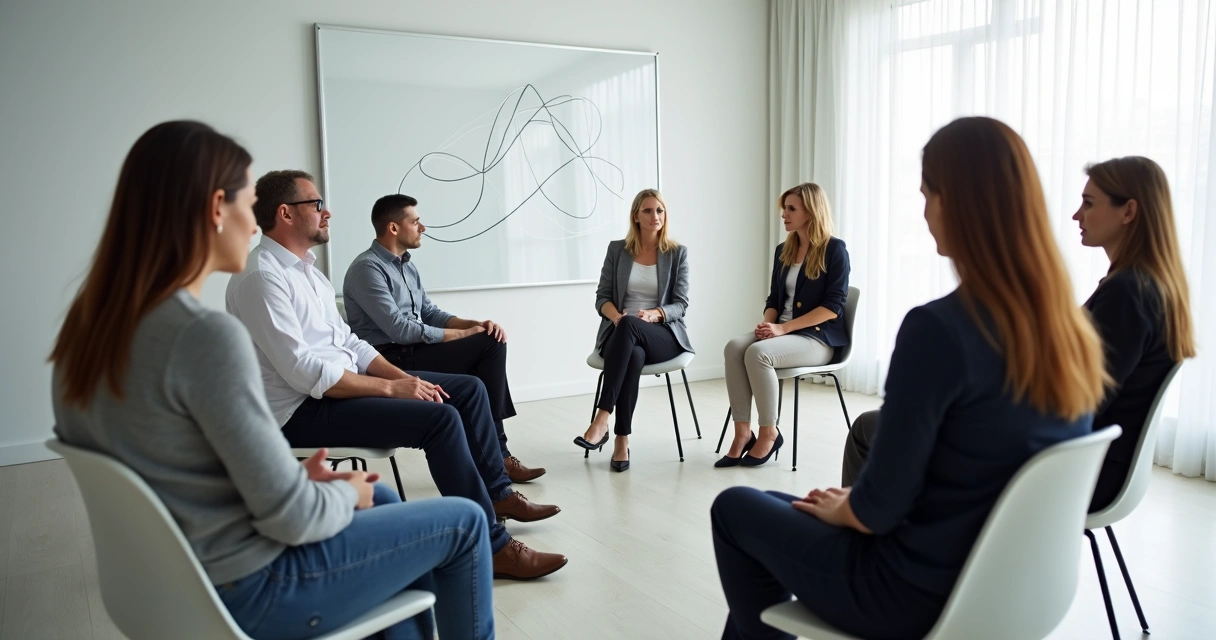 Team members gathered in a circle, participating in a group reflection exercise