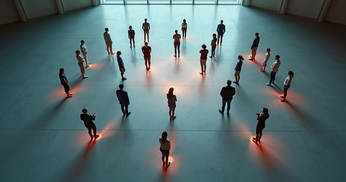 Overhead view of people standing in circles with colored light between them