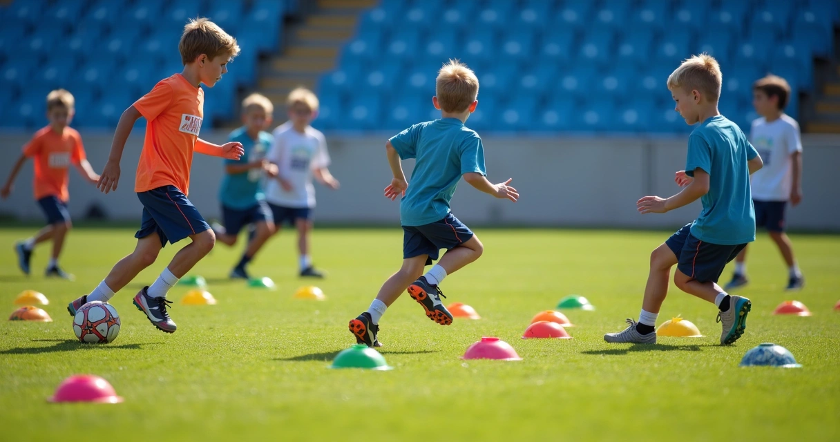 Meninos realizando circuito com cones e barreira 