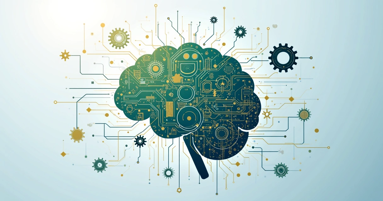 Circuito de IA conectado a engrenagens digitais