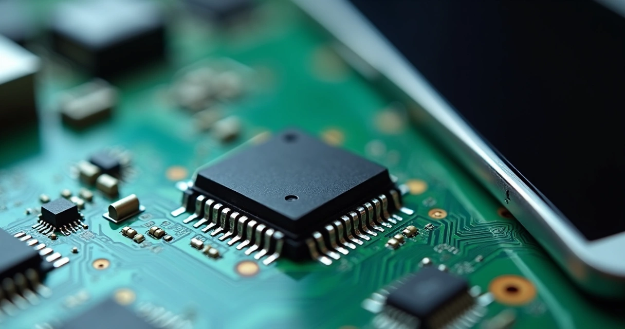 Close-up de circuito integrado sobre placa-mãe de notebook com smartphone ao lado 