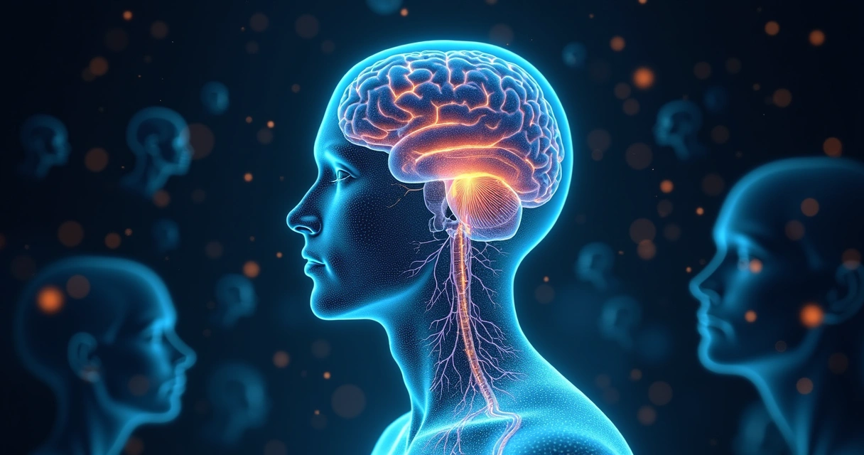Visualização de cérebro humano conectando rostos em rede social abstrata 