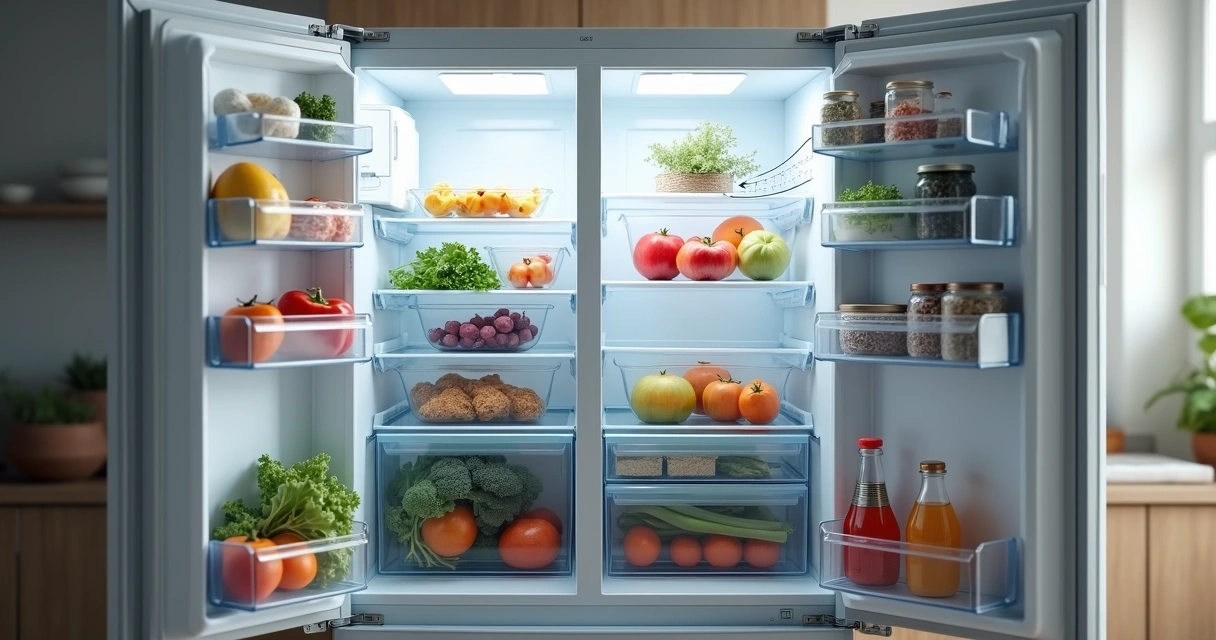 Alimentos organizados e espaçados dentro de uma geladeira aberta