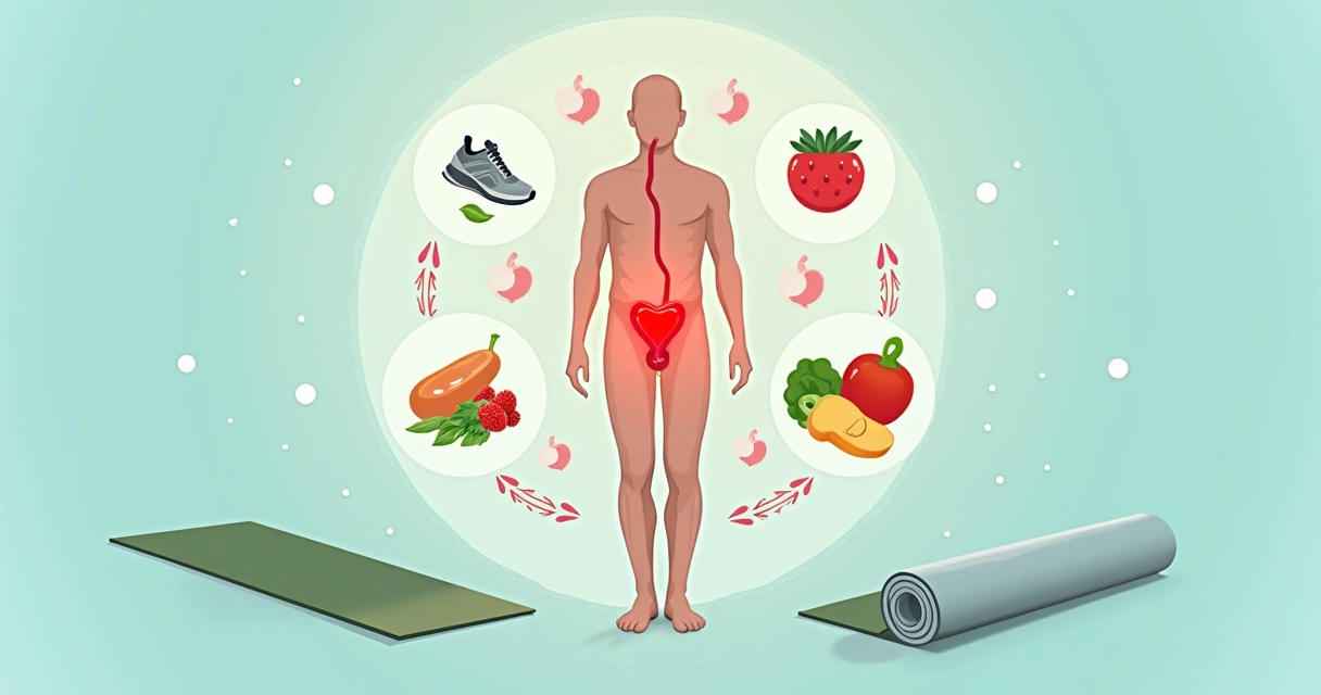 Ilustração de saúde da circulação peniana com corpo humano e atividades como exercícios e alimentação saudável.