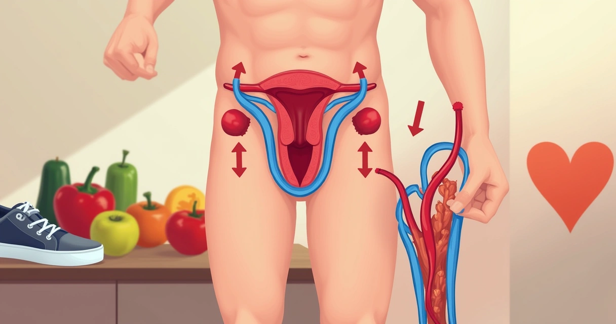 Ilustração do sistema reprodutivo masculino, destacando a circulação sanguínea e hábitos saudáveis.