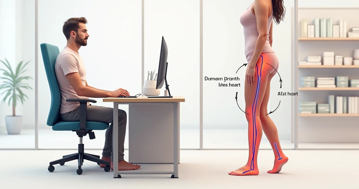 Esquema da circulação sanguínea em pessoas sentadas e em pé, em ambiente de trabalho 