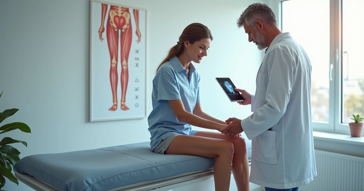 Médico vascular avaliando pernas de paciente com varizes em consultório em Anápolis 