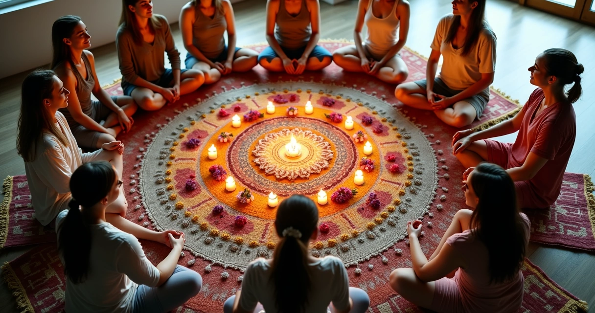 Círculo de amigas conectadas em ambiente espiritual 