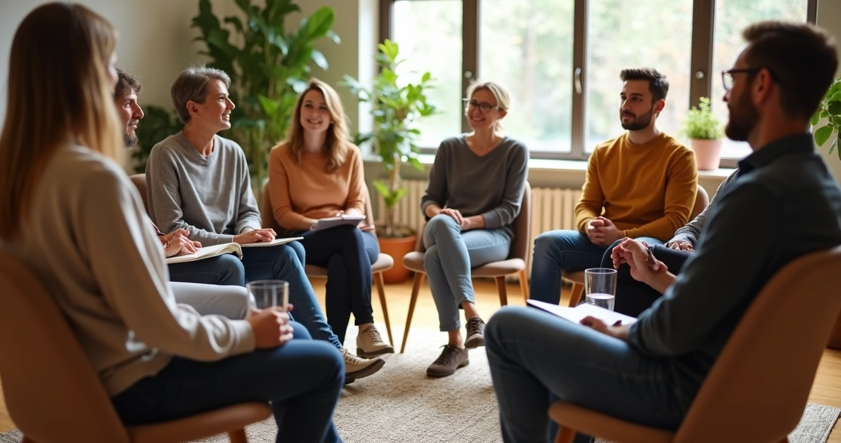 Pessoas em círculo de conversa com ambiente de apoio e pausa 