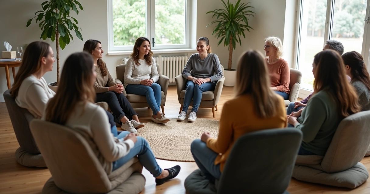 Grupo de pessoas sentadas em círculo em roda de apoio conversando 