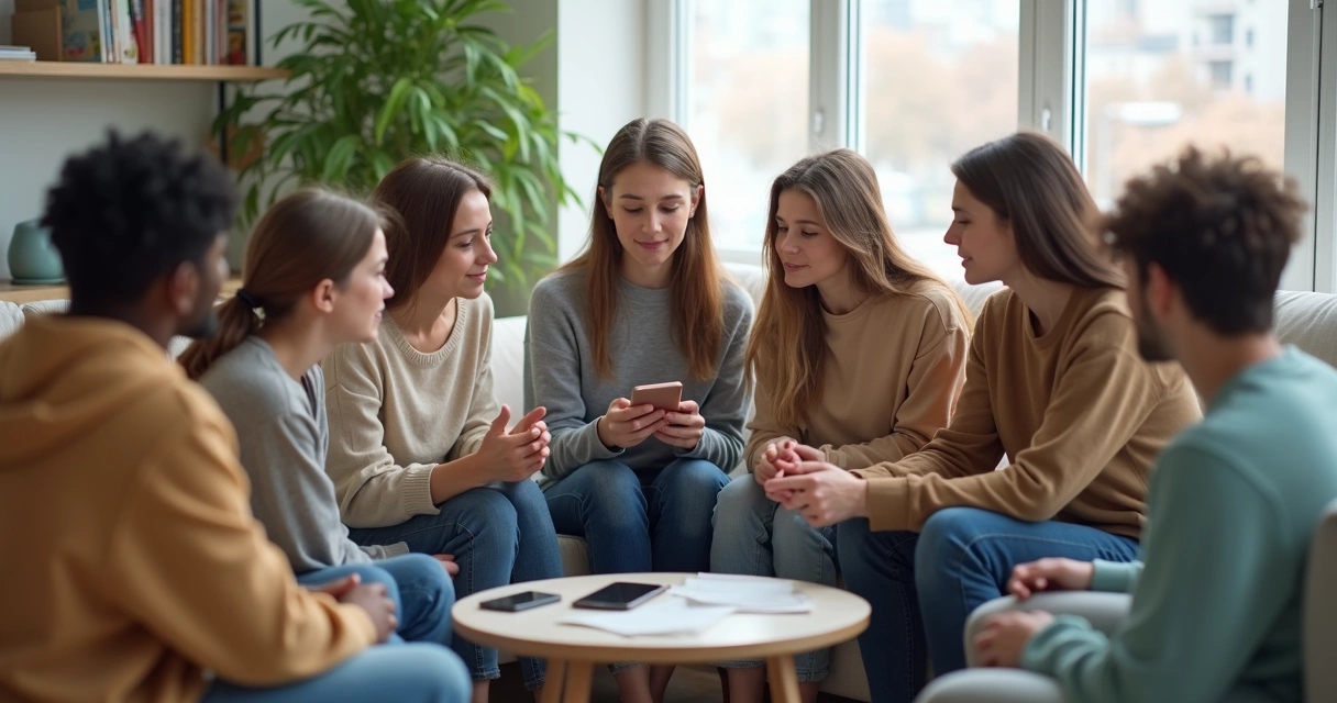Grupo diverso em círculo apoiando jovem com celular na mão 