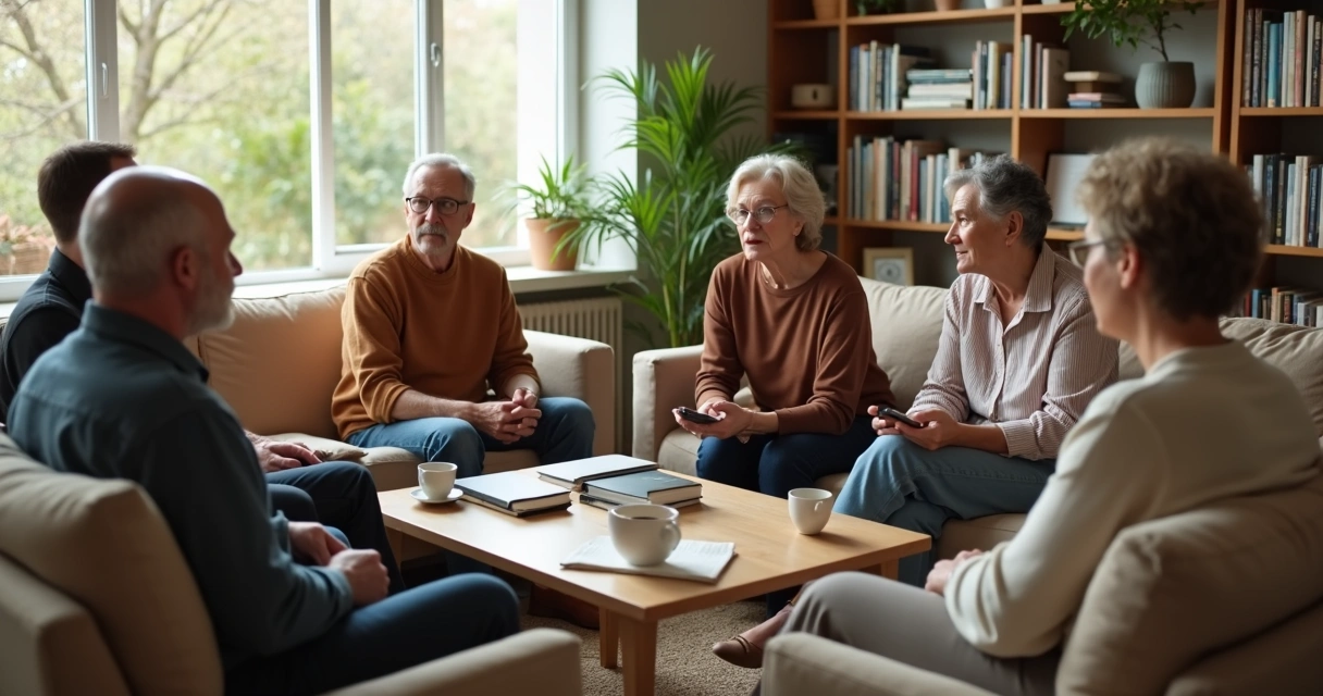 Grupo de amigos sentados em círculo na sala