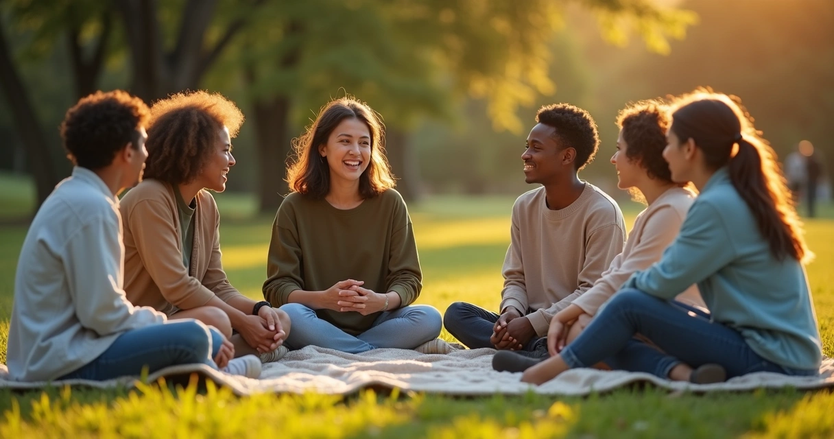 Grupo diverso sentado en círculo al aire libre compartiendo apoyo emocional sereno 