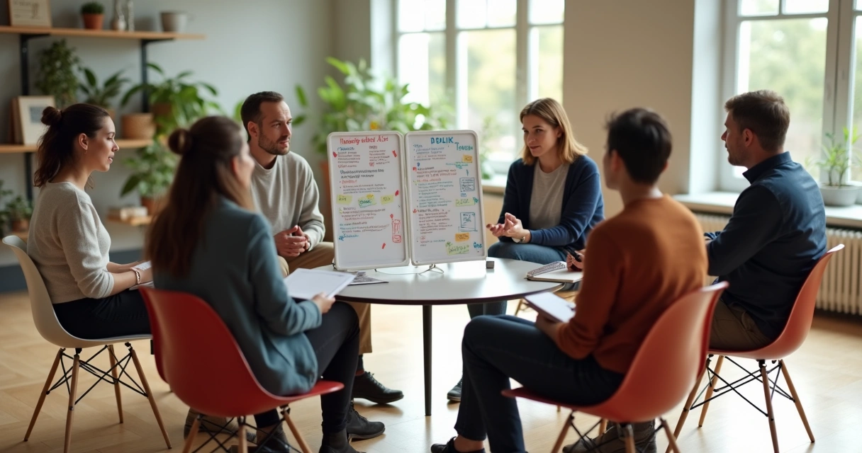 Grupo diverso sentado en círculo de sillas compartiendo ideas en pizarras en el centro 