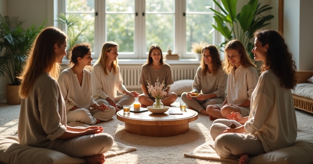 Grupo diverso em círculo realizando ritual simples de autocuidado coletivo 