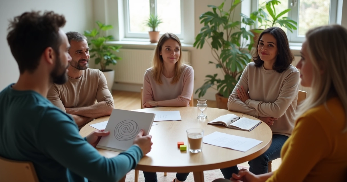 Grupo en círculo practicando coaching grupal consciente 