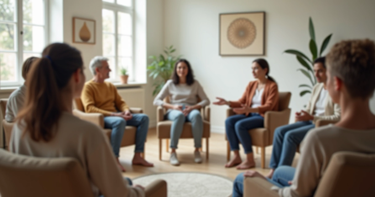 Grupo sentado em círculo em uma sala clara focado na comunicação não verbal. 
