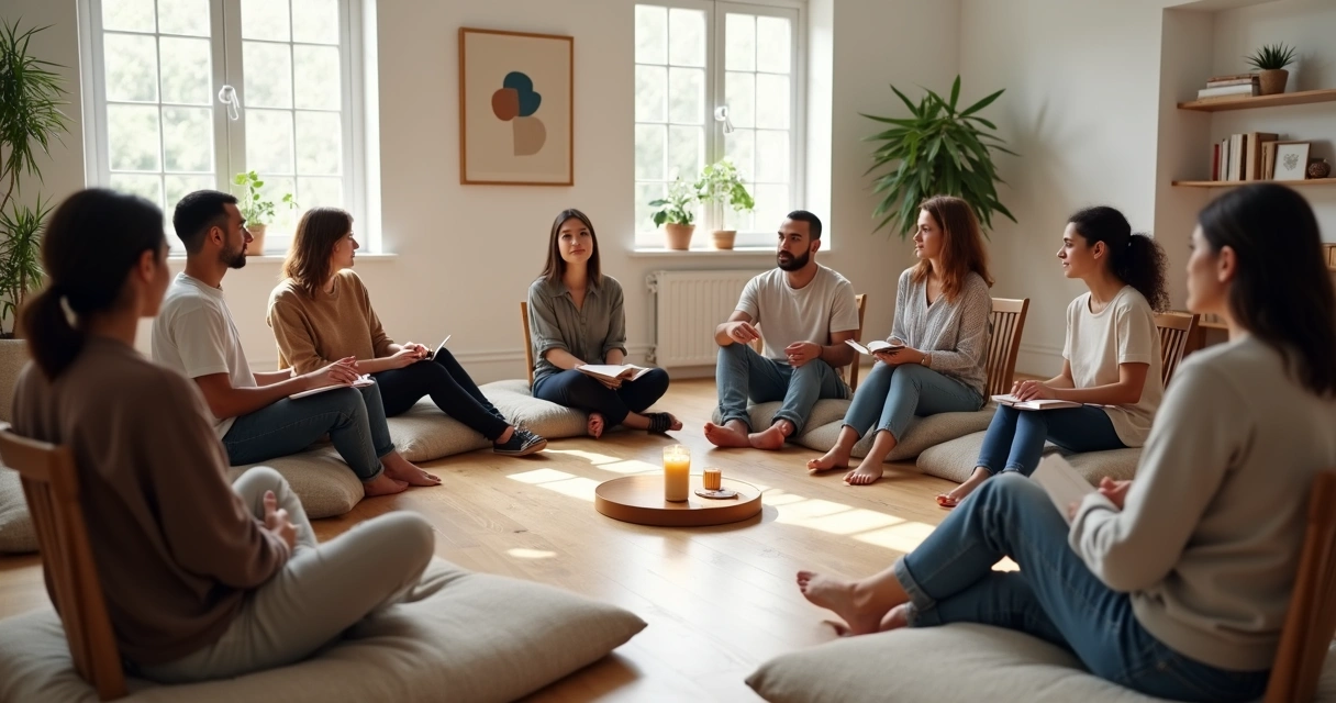 Pequeño grupo en círculo tomando acuerdos en un salón luminoso 