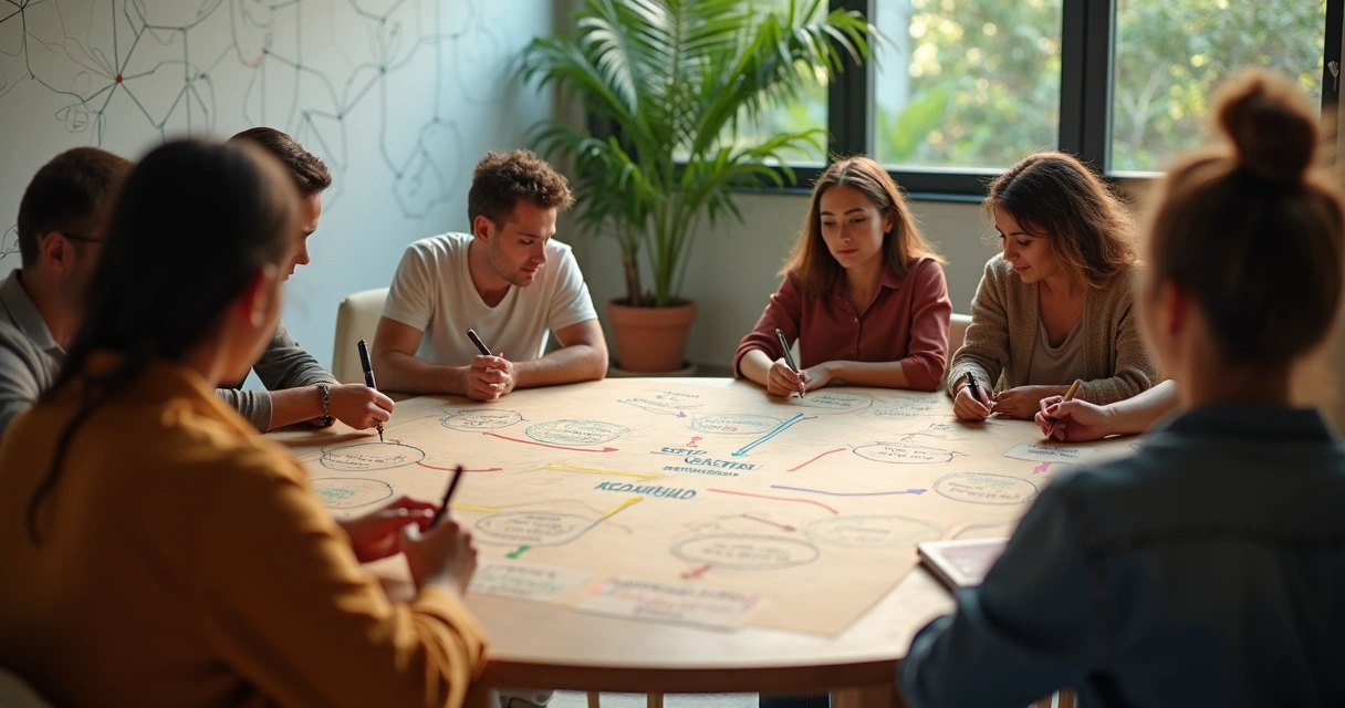 Círculo de comunidad reunida escribiendo acuerdos en una mesa grande 
