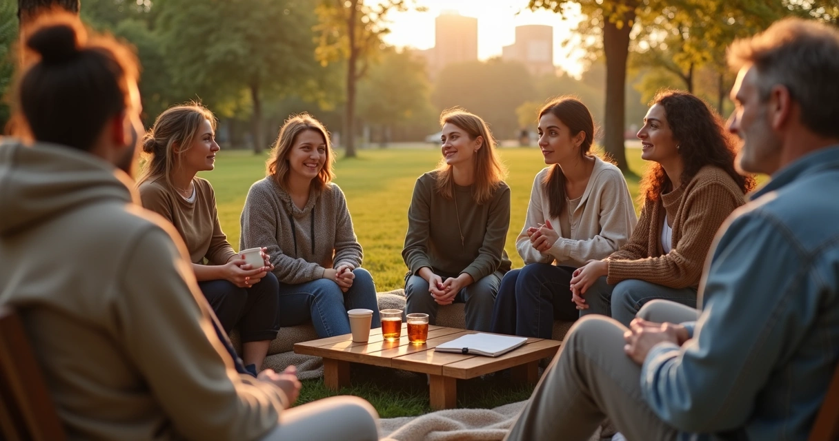 Grupo de adultos sentados em círculo ao ar livre conversando em clima de confiança 