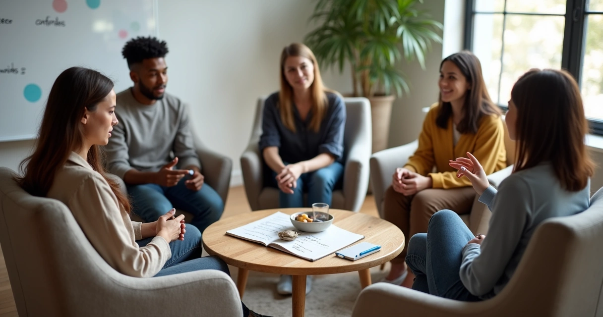 Equipe sentada em círculo informal trocando feedback com apoio visual ao centro 