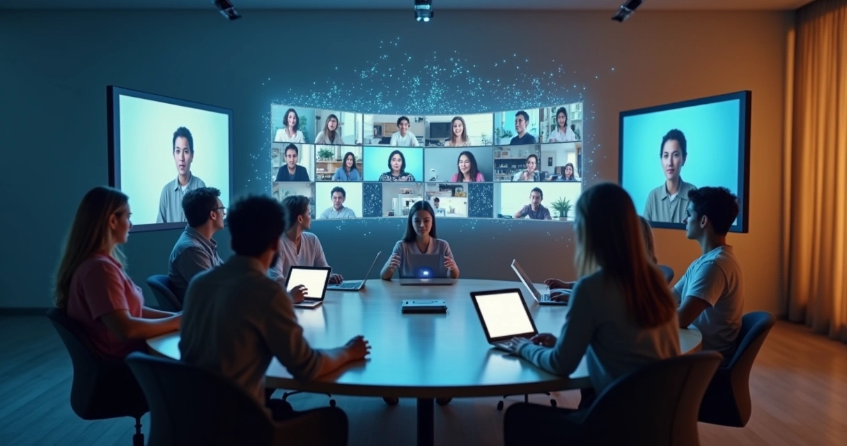 Equipe remota em telões formando círculo de confiança digital 