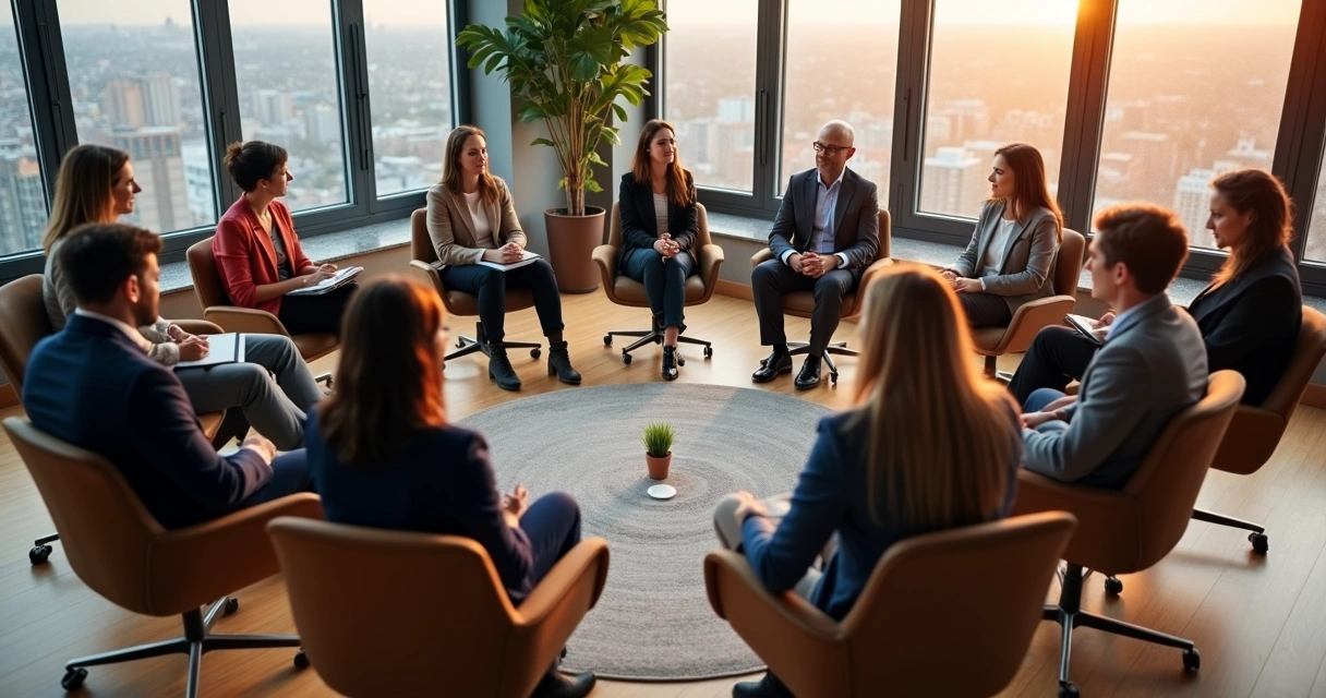 Grupo em círculo simbolizando confiança e colaboração horizontal 