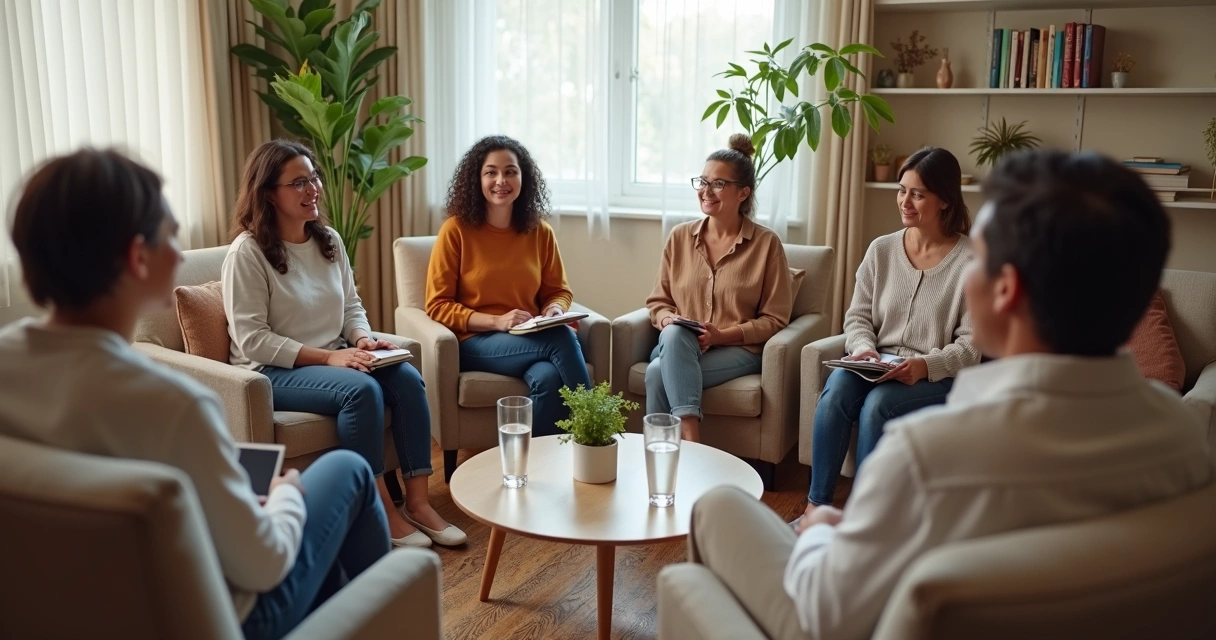 Grupo sentado em círculo em sala acolhedora simbolizando confiança e segurança emocional 