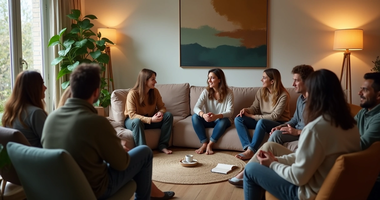 Grupo diverso sentado em círculo apoiando-se em conversa profunda 