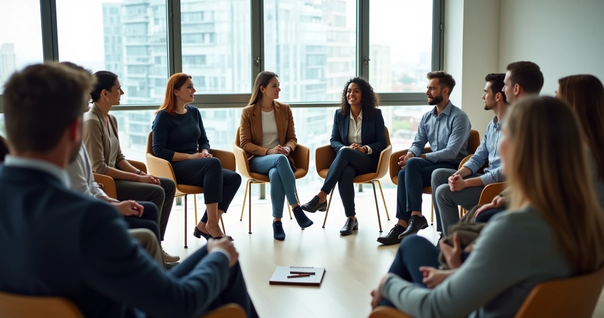 Equipo de trabajo en círculo de confianza en una sala de reuniones moderna 