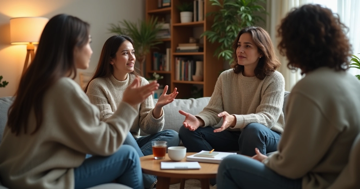 Grupo pequeño sentado en círculo compartiendo confidencias con calidez y confianza 