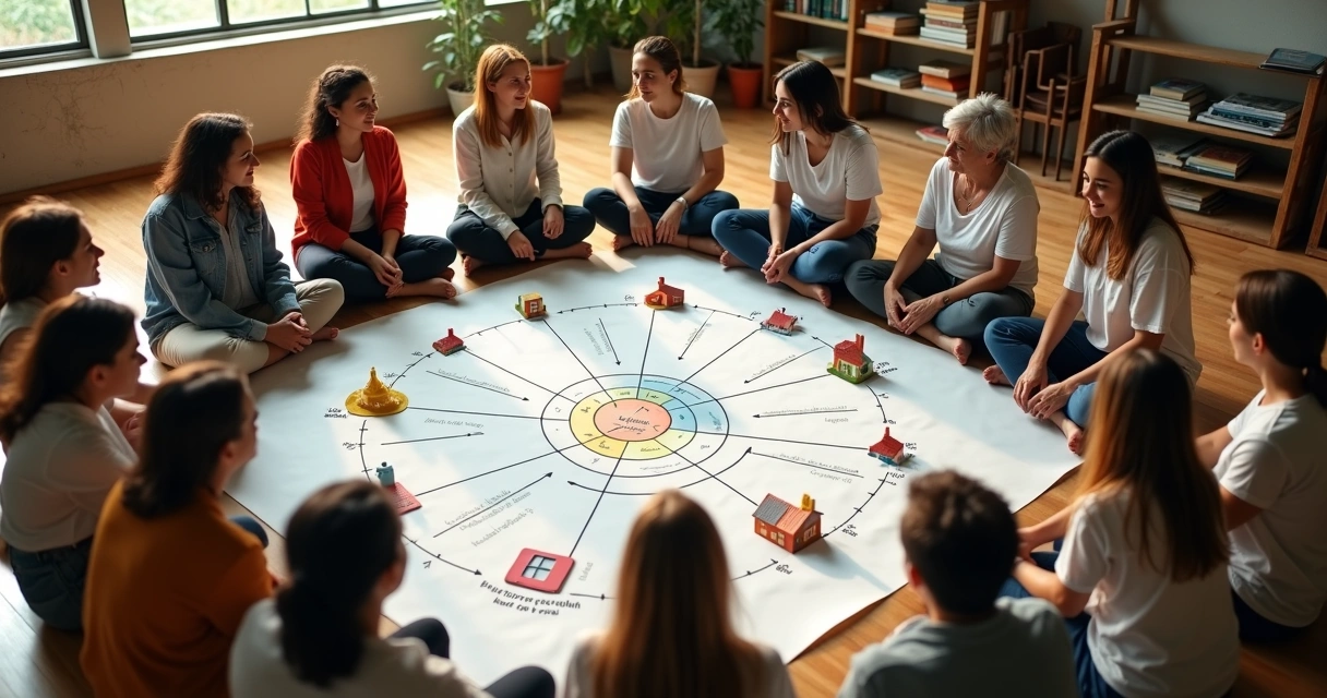 Grupo diverso em roda conectando cartões sobre projeto social em quadro no chão 