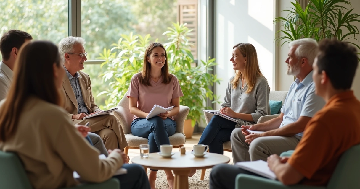 Grupo em círculo conversando com ambiente claro e colaborativo 