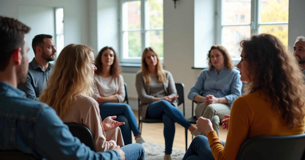 Grupo de pessoas sentadas em círculo conversando de forma atenta. 