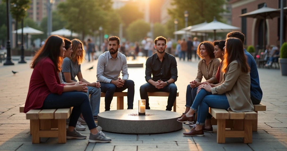 Grupo reunido em círculo em praça urbana trocando apoio e diálogo 