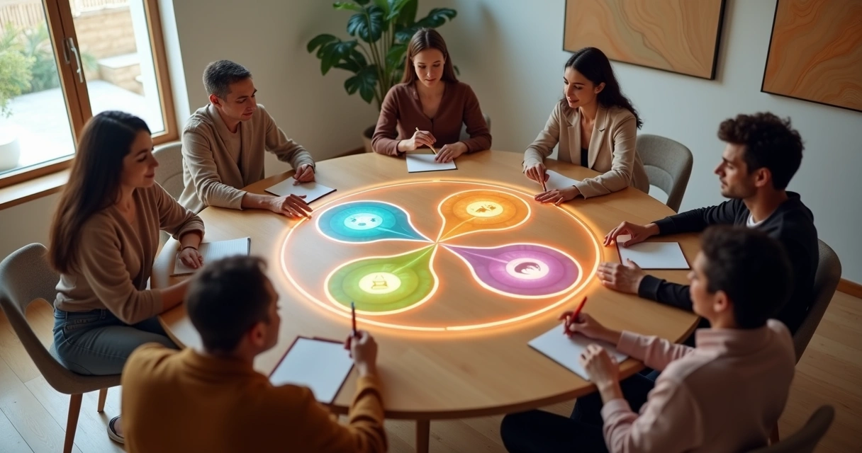 Grupo diverso ao redor de mesa redonda com símbolos coloridos conectando consciência e ética 
