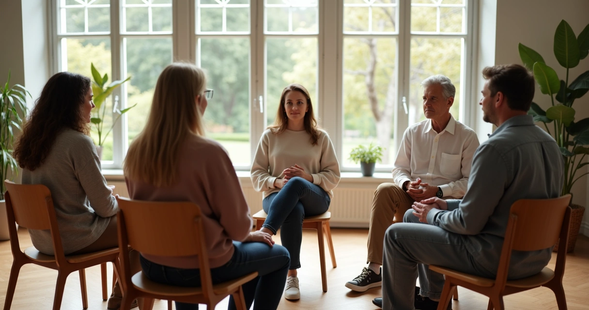 Grupo sentado en círculo conversando en una sala luminosa