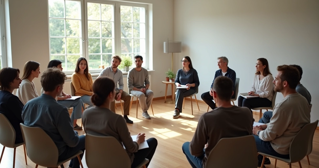 Grupo em círculo conversando em ambiente claro e acolhedor