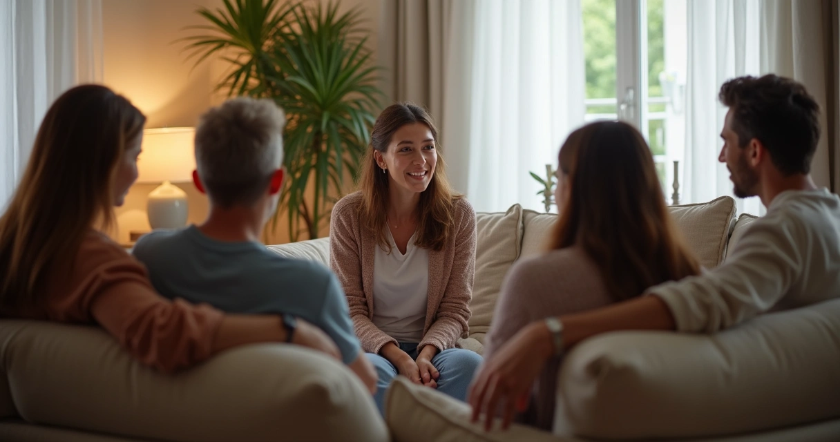 Família reunida em círculo ouvindo atento a fala de um membro 