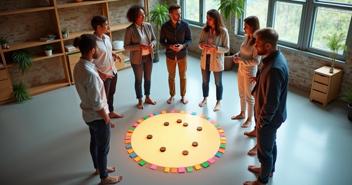 Equipe em círculo com braços abertos em espaço de trabalho acolhedor 