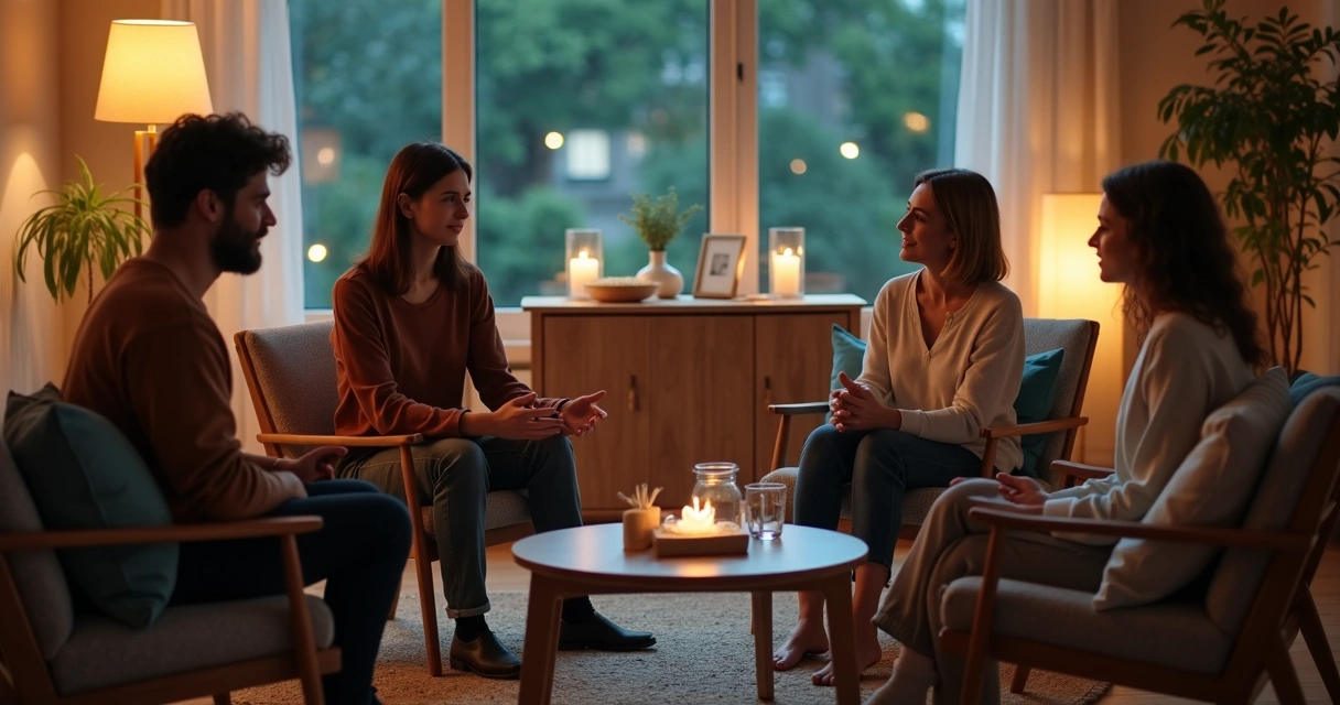 Grupo em círculo conversando em sala aconchegante com luz suave 