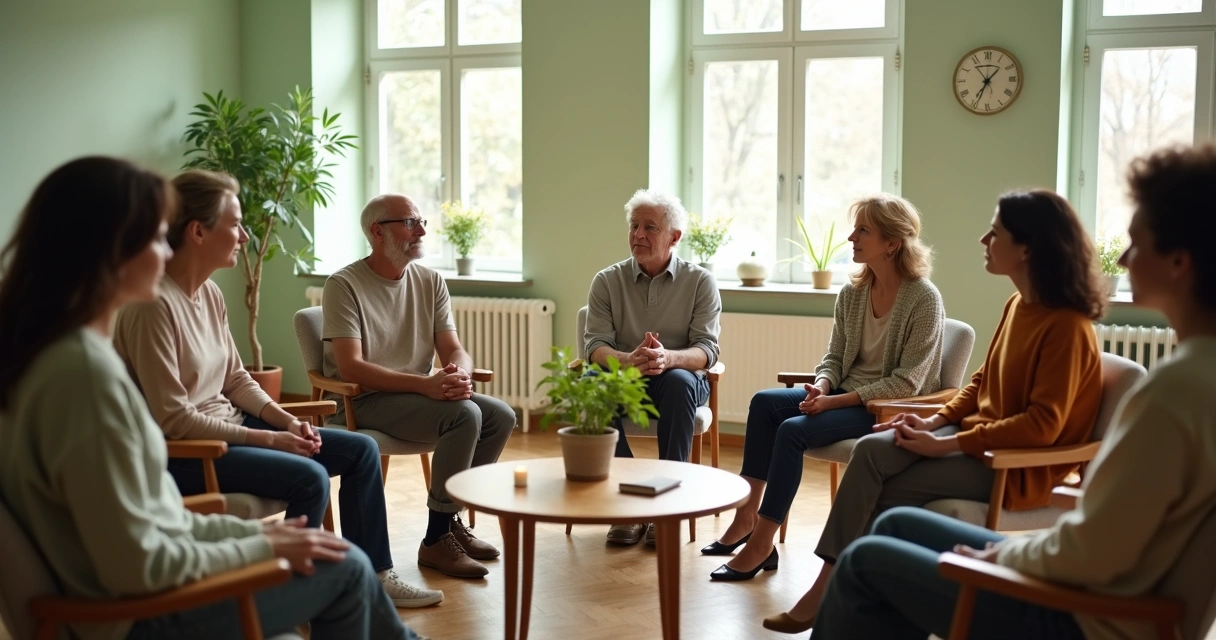 Grupo em círculo conversando com clima de acolhimento 