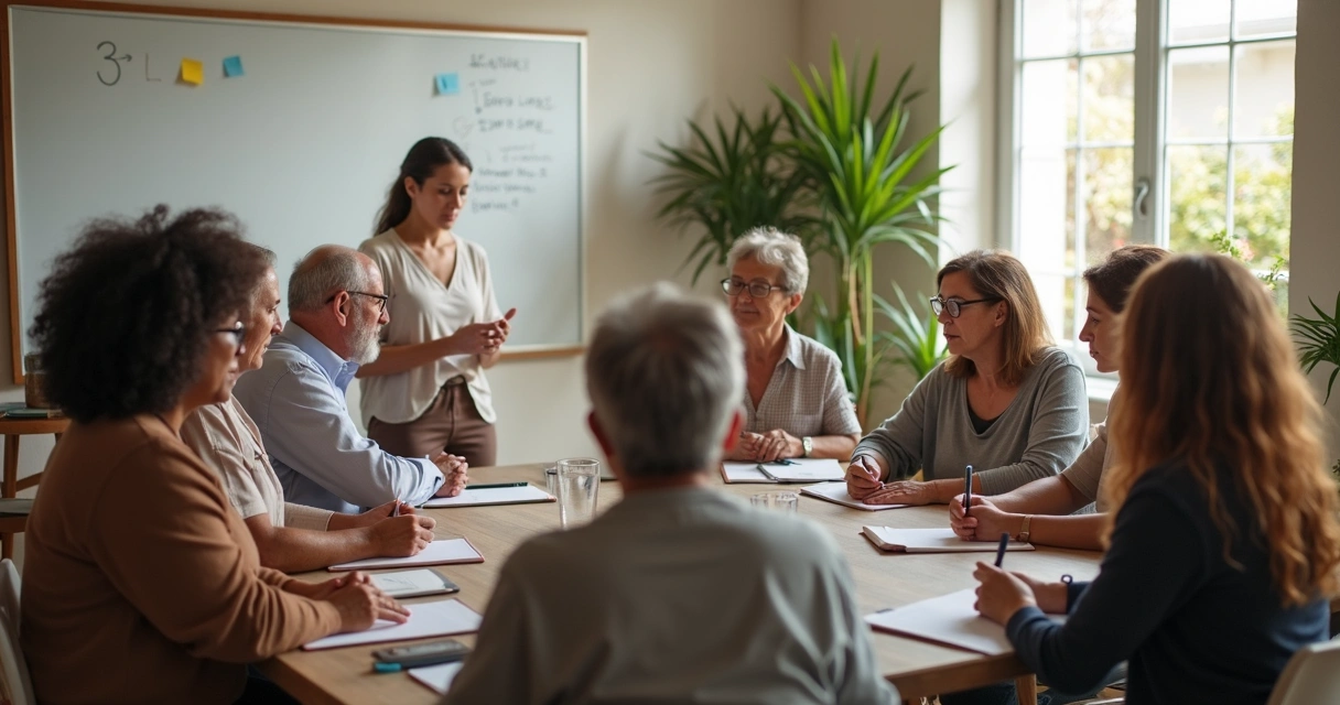 Grupo en círculo dialogando con notas y pizarra 