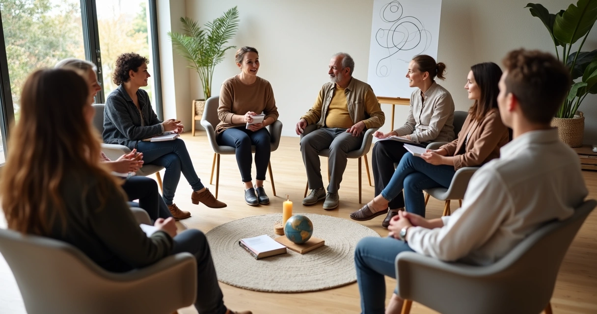 Grupo diverso em círculo de diálogo em sala iluminada 