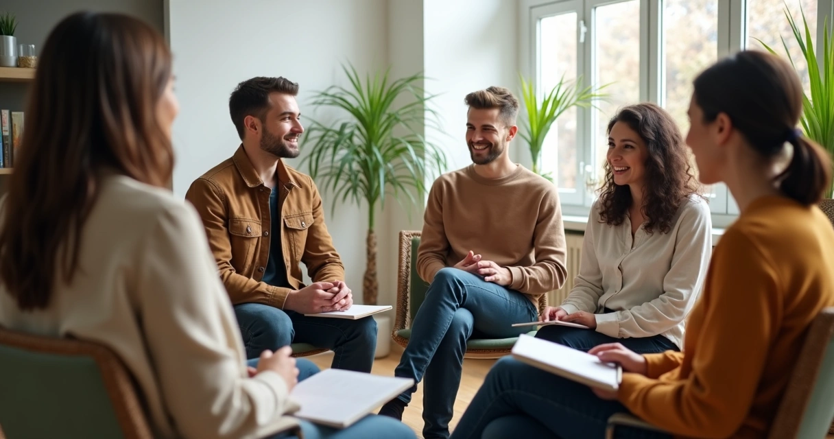 Grupo de personas conversando en círculo con actitud atenta 
