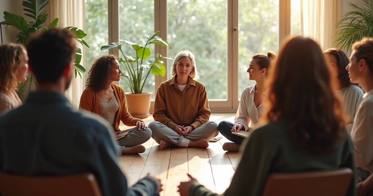 Círculo de personas conversando con atención plena 
