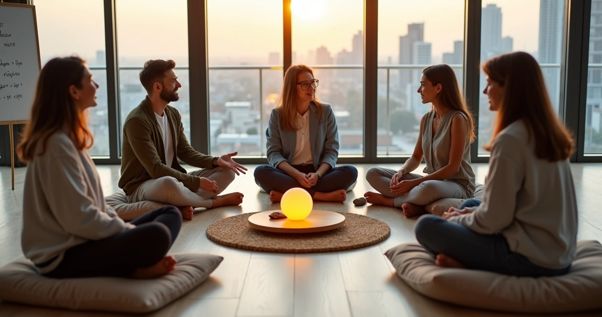 Equipe diversa em círculo em escritório calmo com centro iluminado de diálogo consciente 