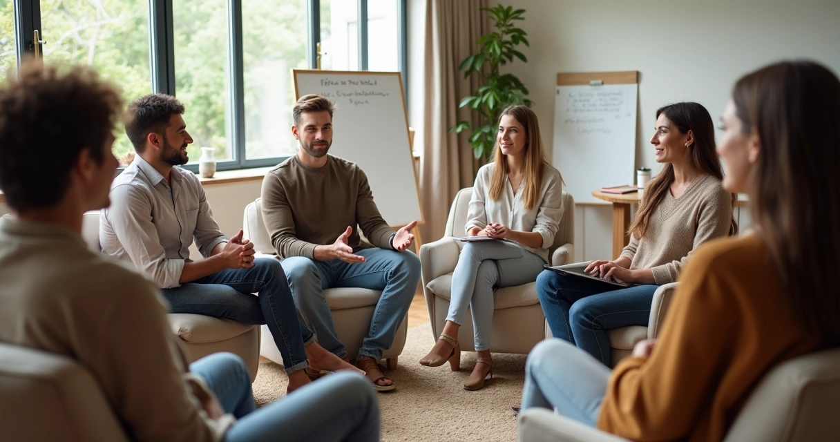 Grupo diverso sentado em círculo em sala iluminada em diálogo consciente 