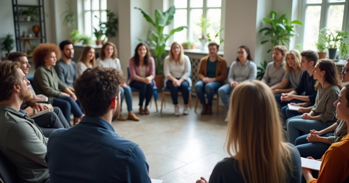 Grupo de pessoas sentadas em círculo conversando e compartilhando ideias