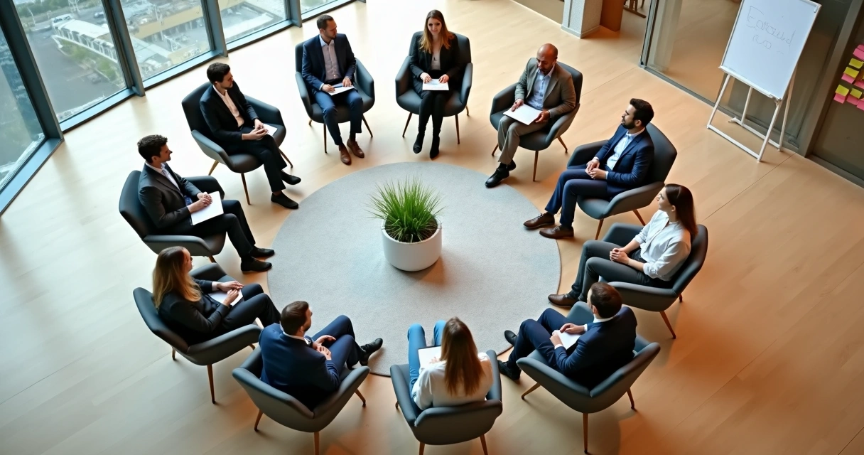 Equipe sentada em círculo de cadeiras em sala de reunião moderna vista de cima 